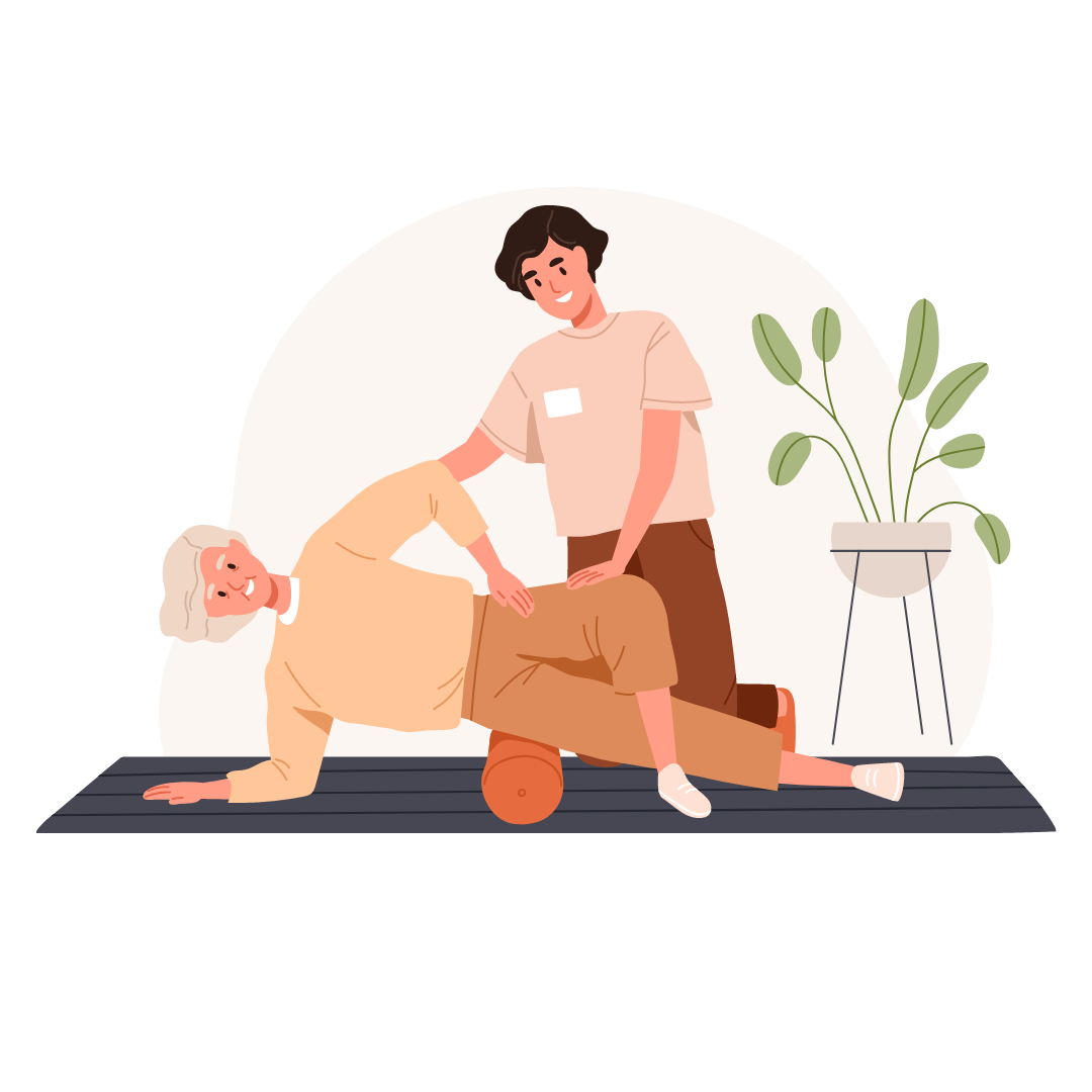 Patient mobilisiert seine Hüfte mit dem Therapeuten 